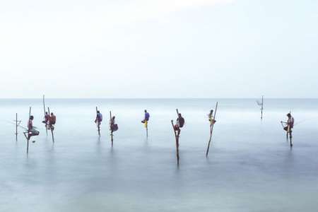Maharuppe, Sri Lanka, estos pescadores se sientan en zancos para pescar antes del amanecer.
