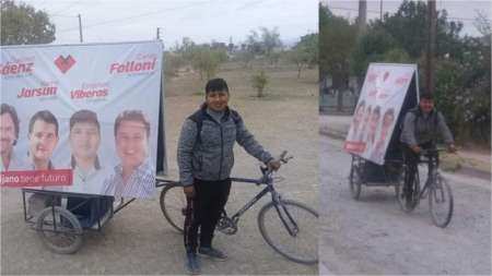 Chango salteño quiere ser concejal y hace su campaña a pulmón arriba de una bici
