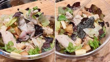 Fueron a comer a un shopping y encontraron una rana en la ensalada