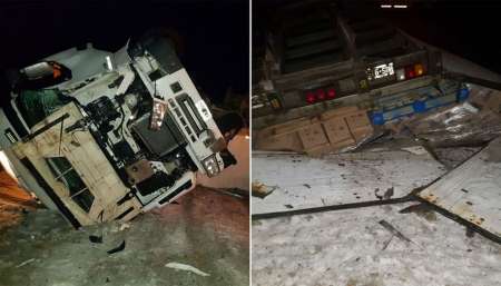 VIDEO El camionero que manejaba con una damajuana de vino y volcó en la nieve