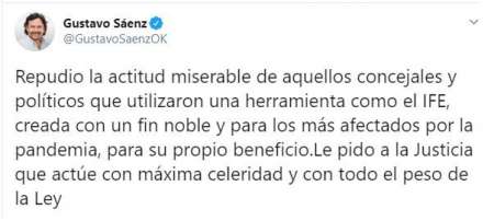 Sáenz repudió la "actitud miserable" de los políticos que cobraron el IFE