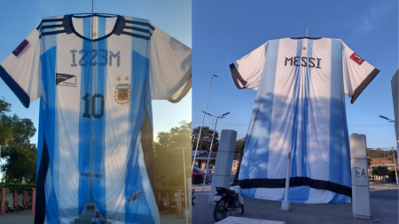 En Hipólito Yrigoyen hicieron una camiseta de Argentina gigante para alentar a la Selección