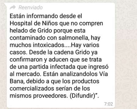 Grido: aclaran que es falso el mensaje sobre salmonella que se viralizó por WhatsApp