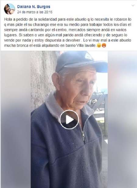 Le robaron su charango y buscan ayudarlo, la triste historia de un abuelito de Salta